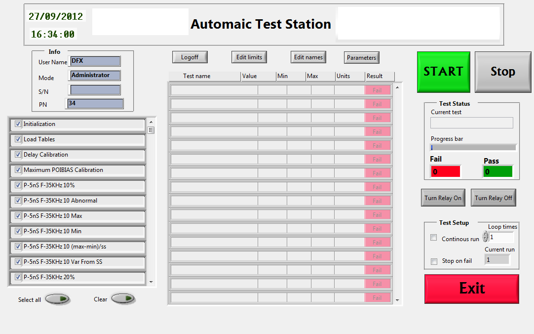 Turn Key automated test software panel